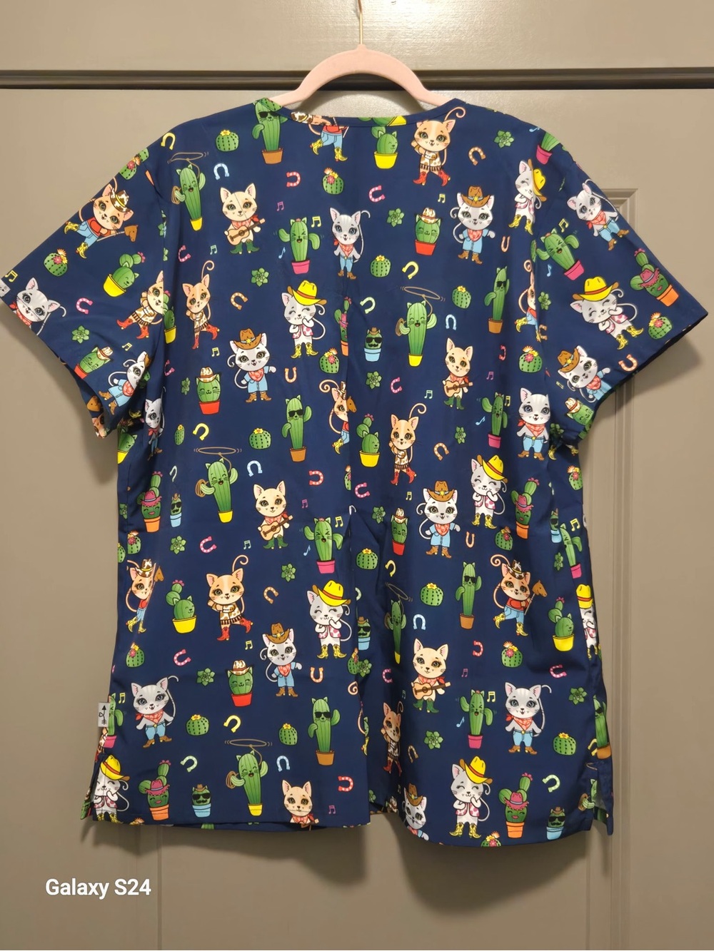 Navy Western Cat & Cactus Print V-Neck Scrub Top - Picture 2 of 5